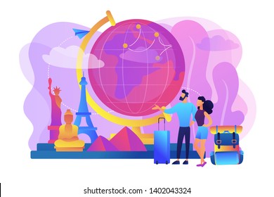 Tourists visiting Europe, America, Asia. Sightseeing tour for family vacation. Romantic couple enjoying worldwide journey, honeymoon. Traveling the world concept vector illustration