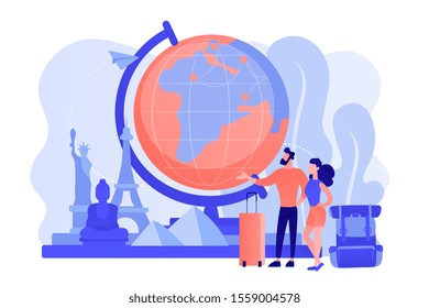 Tourists visiting Europe, America, Asia. Sightseeing tour for family vacation. Romantic couple enjoying worldwide journey, honeymoon. Pinkish coral bluevector isolated illustration