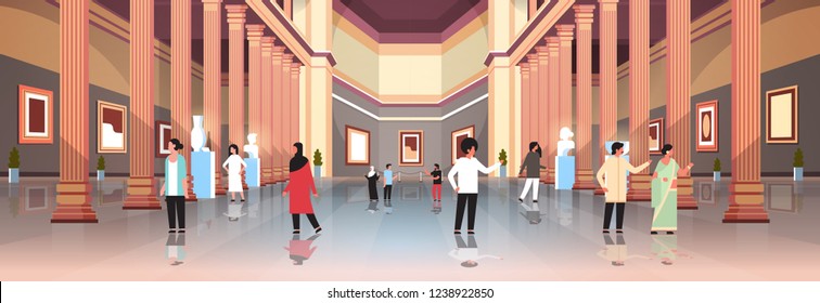 tourists visitors in classic historic museum art gallery hall with columns interior looking ancient exhibits and sculptures collection flat horizontal banner