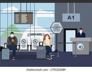 Tourists waiting to board the plane wearing face mask, some signs closing seats to maintain social distance, also social distance text sing