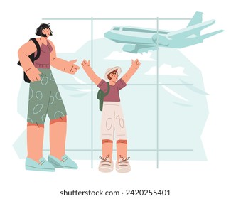 Tourists waiting for plane in airport hall. Child and mother travelers by plane flight. Travel and tourism, aircraft concept, flat vector illustration on a white background.