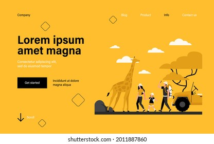 Tourists walking in African savannah. Family cartoon characters, jeep, giraffe, landscape with trees. Vector illustration for adventure travel, tour in Africa concept