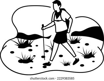 Tourists walking by lake or trekking Concept, Backpacker holding Stick vector icon design, Outdoor weekend Activity symbol, Travel Holiday Scene Sign, Relaxing people at Vacation stock illustration