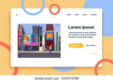 Tourists walking down city street. Family, shopping customers, camera, taking selfie flat vector illustration. Tourism, downtown concept for banner, website design or landing web page