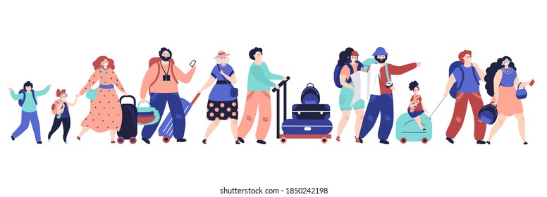 Tourists walking. Happy girl, travel people walk with suitcases. Airport passengers crowd run, family journey decent luggage vector concept