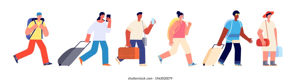 Tourists walking. Happy young tourist, travel airport queue. Woman man with suitcase bag luggage. Flat adult touristic group utter vector characters