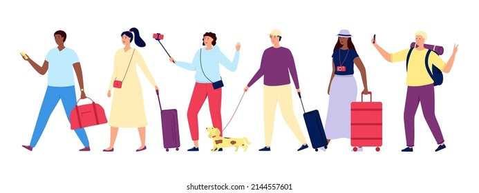 Tourists walking with luggage and backpacks. Travel people going vacations, characters with bags. Happy woman and man, people going utter vector set