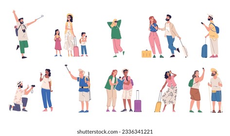 Turistas caminando con maleta. Feliz turismo o paseo en mochilero con mochila y teléfono en viaje de aventura, viajando personaje viaje de viaje ocio ilustración vectorial del equipaje y maleta