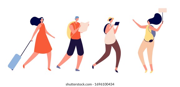 Tourists walking. Travel vacation, person trip luggage. International tour, travelers group explore world. Guided tour vector illustration