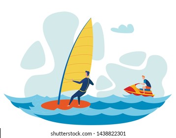 Tourists Water Activities Flat Vector Illustration. Man Windsurfing, Teenager Riding Jet Ski. Holidaymaker Doing Water Sport, Sportsmen Training Cartoon Characters. Trendy Sea Resort Entertainment