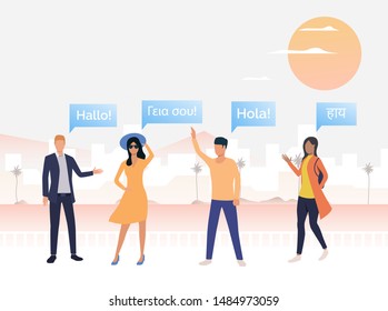 Tourists waving hands and practicing foreign languages. Male and female cartoon characters speaking different languages. Vector illustration for placard, promotion, mobile app