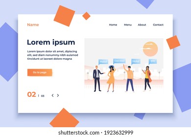 Tourists waving hands and practicing foreign languages. Male and female cartoon characters speaking different languages. Vector illustration for placard, promotion, mobile app