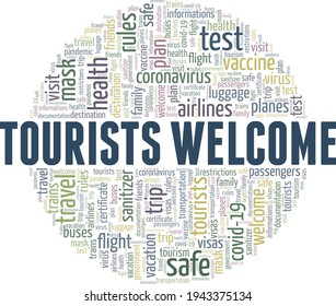 Tourists welcome vector illustration word cloud isolated on a white background.