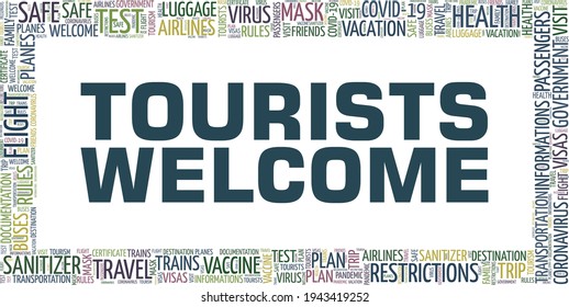 Tourists welcome vector illustration word cloud isolated on a white background.