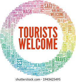 Tourists welcome vector illustration word cloud isolated on a white background.