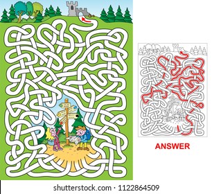 Tourists. Which way leads to the castle ruins? Labyrinth for kids.