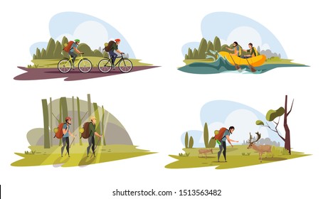 Tourists in wild nature vector illustrations set. Male backpackers on mountain bicycles. Extreme sport fans enjoying water rafting. Hikers with trekking poles rambling in forest, meeting deers