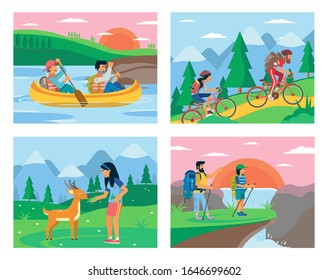 Tourists in wild nature vector illustrations set. Male backpackers on mountain bicycles. Extreme sport fans enjoying water rafting. Hikers with trekking poles rambling near waterfall, meeting deers