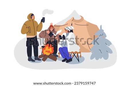 Tourists at winter holiday camping. Campers warming with hot tea and fire. People relaxing at campfire, sitting around bonfire outdoors. Flat graphic vector illustration isolated on white background