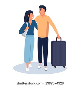 Tourists young couple going on travel with baggage. Flat cartoon vector illustration.