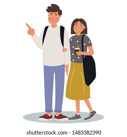 Tourists. Young man points to something. Surprised young woman looking for something.Element for an tourism and travel. Vector illustration in cartoon style