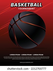 Tournament advertising banner poster with black basketball and red background
