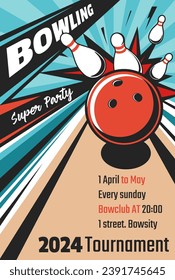 Tournament at bowclub, super party bowling night for players. Invitation card or flyer with date and time of event. Entertainment and fun. Poster or advertisement banner, vector in flat style