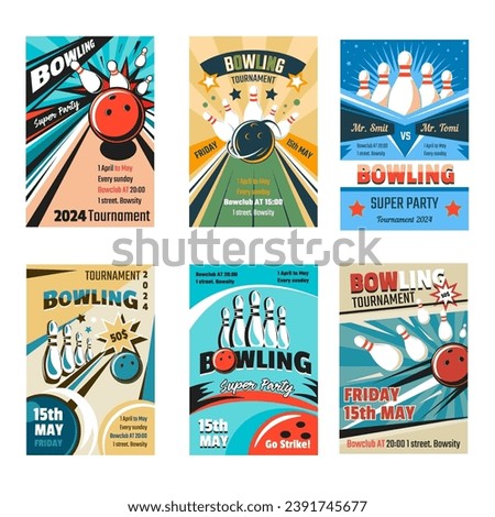 Tournament bowling party, invitation card on sportive event. Card with date, pin and ball. Bowclub flyer for players and visitors of club. Poster or advertisement banner, vector in flat style