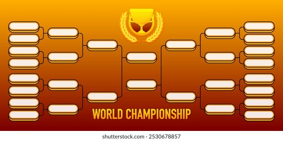 Torneo Bracket en blanco. Campeonato Mundial. Concurso de campeonato de torneo de juego deportivo. Tabla de Tableros con premio de trofeo de campeón. Ilustración vectorial.