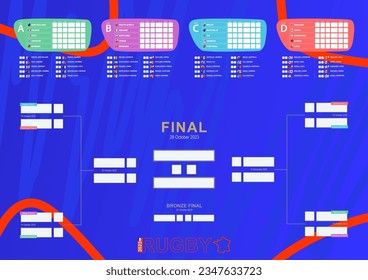 Tournament bracket, match schedule with group stage and playoffs. All flags of participant of Rugby competition 2023. Vector illustration.
