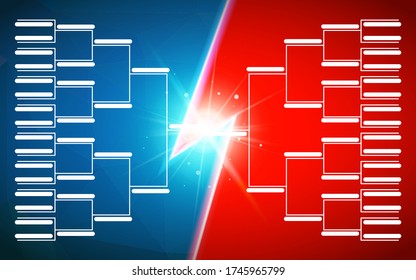 Vorlage für Turnierhalterungen für 32 Teams auf hellblauem und rotem Hintergrund mit Blitz