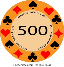 Tournament chip, value 500, for playing poker. Orange chip. Card suits.