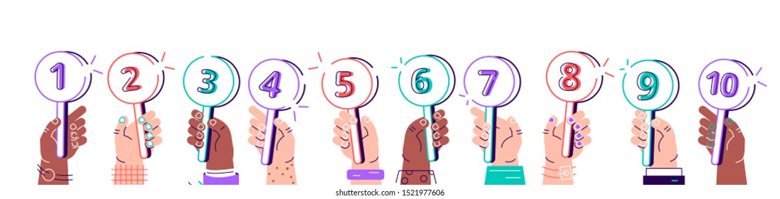 Tournament or contest. Collection of male and female hands holding round cards or signs with amount of scores got in competition. Votes of judges.Flat style colored cartoon vector illustration for web