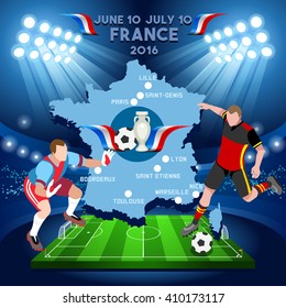 Tournament Football Game Infographic European Championship Soccer Player. Final qualified country Soccer Player. Europe Tournament group stage participating team. Isometric 3D Football Players