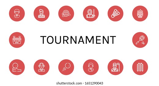 tournament icon set. Collection of Golf player, Referee, Waterpolo, Fencer, Shuttlecock, Stadium, Golf ball, Golfer, Soccer player, Cricket stump, Badminton icons