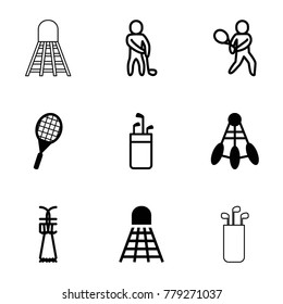 Tournament icons. set of 9 editable filled and outline tournament icons such as shuttlecock, tennis rocket, golf putter, tennis playing, golf player