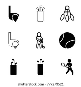 Tournament icons. set of 9 editable filled and outline tournament icons such as golf putter, tennis playing, tennis ball, shuttlecock, golf player