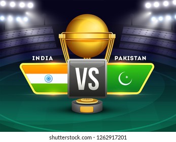 Tournament participating countries flags with text India and Pakistan and winning trophy on night stadium background.