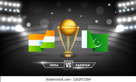 Tournament participating countries flags with text India and Pakistan and winning trophy on night stadium background.
