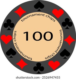 Tournament poker chip. Denomination 100. Chip for playing poker. Black chip. Card suits