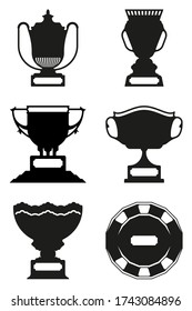 Tournament trophy vectors. Six sports cups in black color.