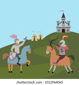 Tournament of two knights on horsebacks. Vector illustration.