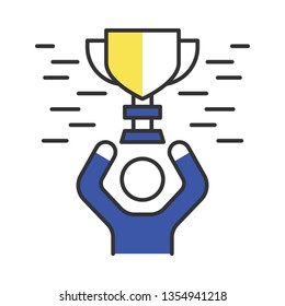 Tournament winning color icon. Esports competition. Gamer with award. Winner cup. Gold trophy. Isolated vector illustration