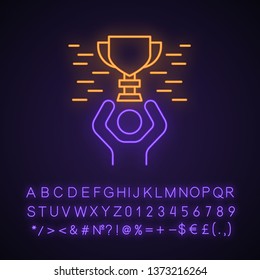 Tournament winning neon light icon. Esports competition. Gamer with award. Winner cup. Gold trophy. Glowing sign with alphabet, numbers and symbols. Vector isolated illustration