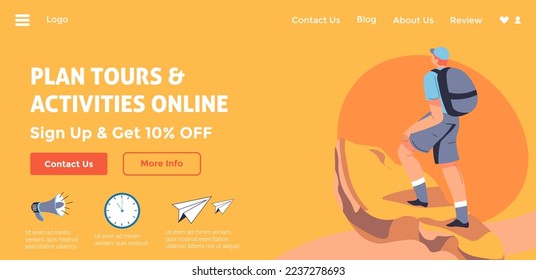 Tours and activities planning online, sign up and get ten percent off. Contact us for information and details of travel options. Website landing page, internet web template. Vector in flat style