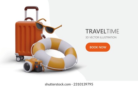 Tours for companies, couples, single people. Selection of optimal recreation program. Poster of experienced tour operator. Agency for arranging recreation at sea. Web design with 3D graphics