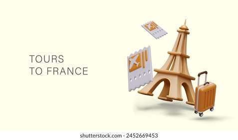 Tours to France. Realistic Eiffel Tower with metallic shine, suitcase, plane tickets