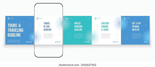 Tours and Travel guideline carousel template. Social media banner frame for travel agency carousel design