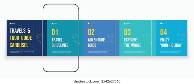 Tours and Travel guideline carousel template. Social media banner frame for travel agency carousel design