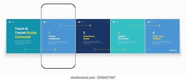 Tours and Travel guideline carousel template. Social media banner frame for travel agency carousel design